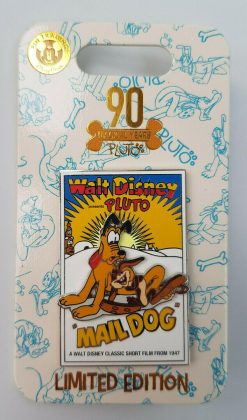 Disney Parks Pluto Mail Dog Movie Poster 90th Anniversary Pin Trading Badge