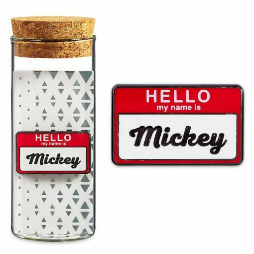 Disney Store Cast Member Hello Name Is Mickey Mouse Pin Trading Badge In Glass Bottle