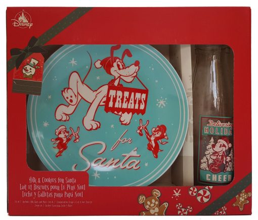 Disney Store Mickey Mouse Christmas Santa Milk Bottle Cookies Plate Set - NO STRAW