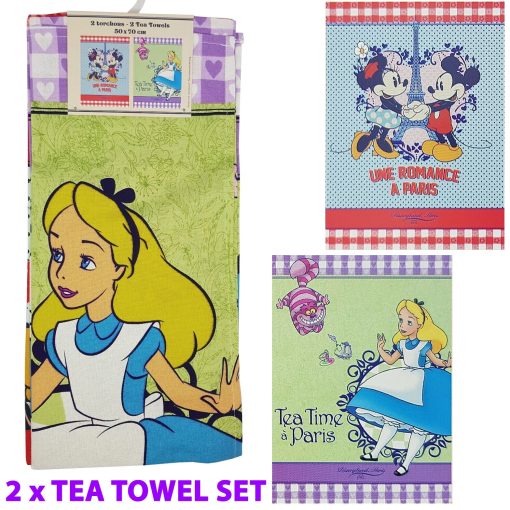 Disneyland Paris Alice In Wonderland and Mickey & Minnie Mouse Tea Towel Set